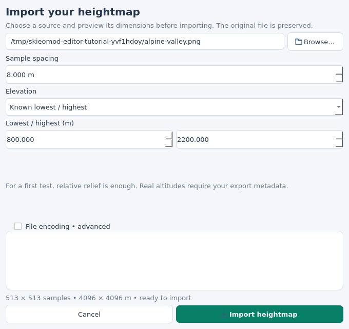 The real import dialog with spacing 8 m, Known lowest / highest selected, elevations 800 and 2200 m, and a ready to import message for 513 by 513 samples.