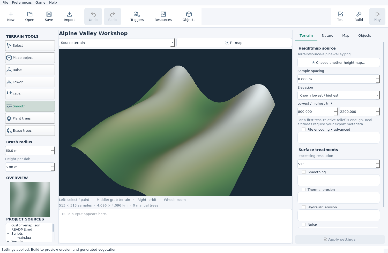 Imported Alpine Valley in Source terrain view with the Smooth brush selected and brush radius visible on the left.
