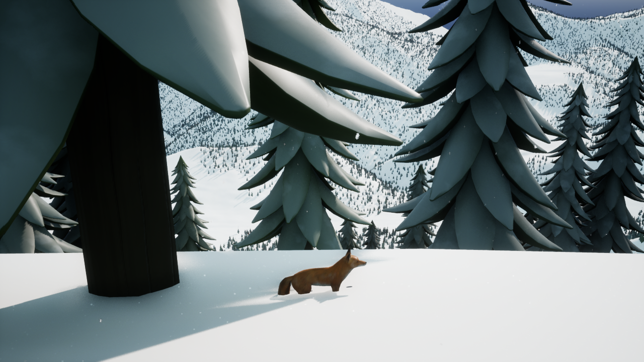 A fox in the snowy Veymont forest, captured in the current game through UE4SS.