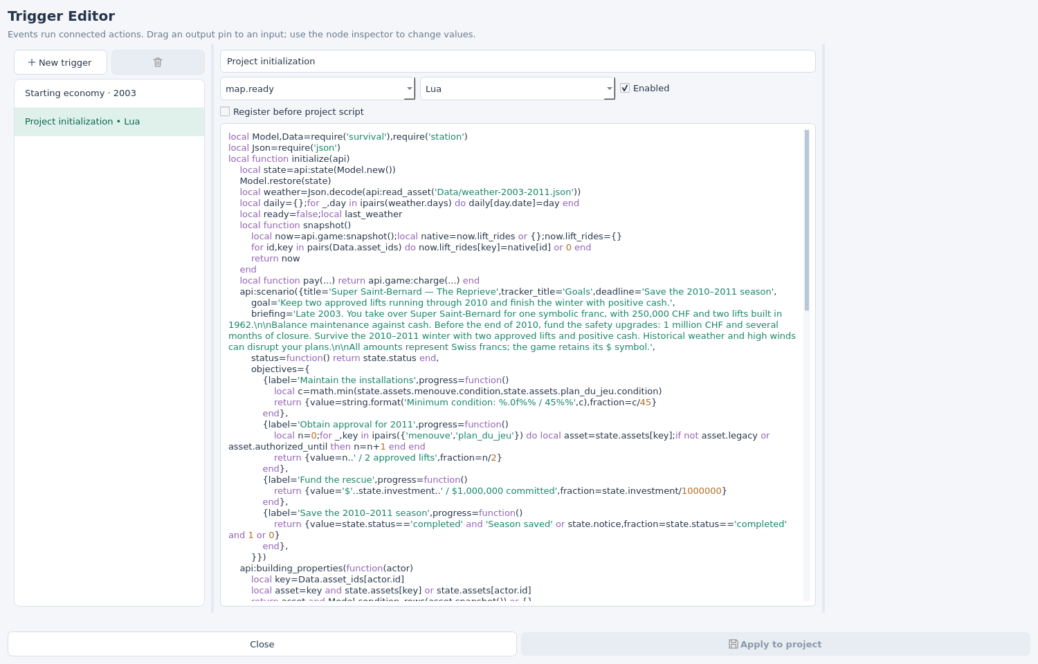 Project initialization Lua entry of Super Saint-Bernard in the real Trigger Editor, showing saved state, briefing and objective callbacks.