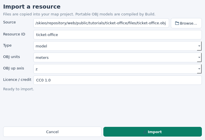 Resource import dialog with the sample OBJ selected using Browse, resource ID ticket-office, metres and Z up.