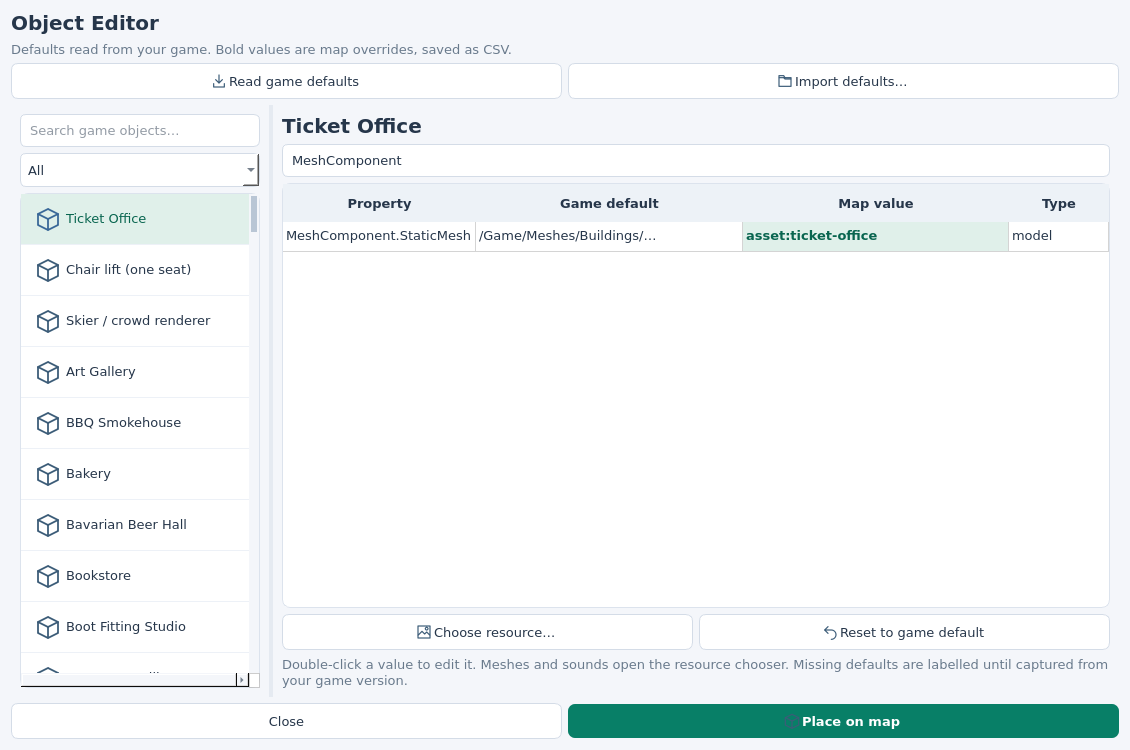 Actual Object Editor with Ticket Office selected, the game default mesh path shown, and asset:ticket-office in bold as the map override.