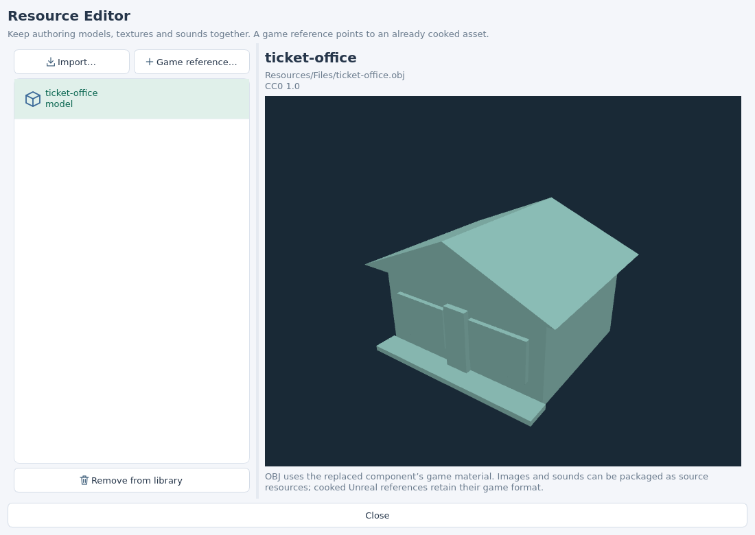 Actual Resource Editor window with the imported sample Ticket Office displayed as a 3D model.